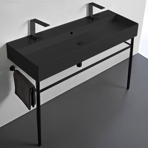 Black Trough Double Console Sink, 48 Inch Scarabeo 8031/R-120B-49-CON-BLK